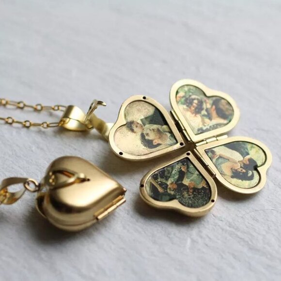 Four Photo Locket, Heart Shaped Locket Necklace Gold Jewelry - Gift - Picture 1 of 8